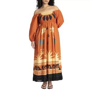 Eloquii Long Puff Sleeve Womens Size 14 Maxi Dress Smocked Fringe Boho Orange